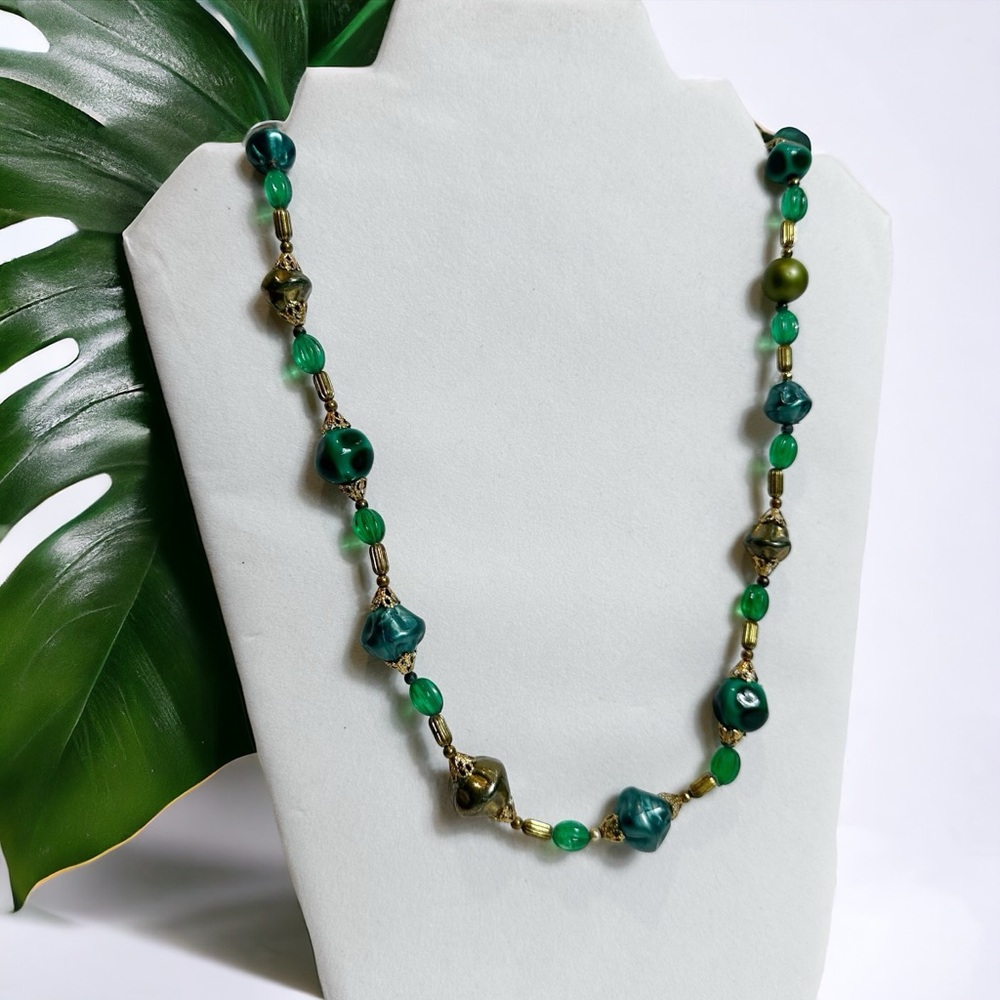 Vintage Green And Gold Handmade Beaded Statement Necklace